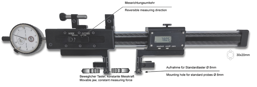 Digital universal comparative measuring instruments in box MINI DIGI PLATON CARBON for inside and outside measurements 32-500mm / 0-470mm