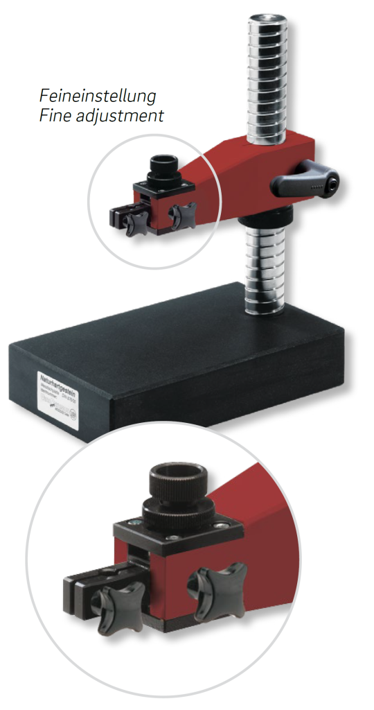 Precision meas. tables, granite surface Rigid arm, fine adjust., column with helical thread 420x250/230mm DIN 876/00