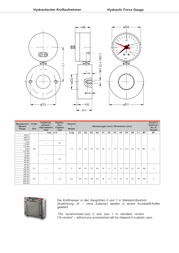 Kraftmessdosen für Druckkraftmessung mit Schleppzeiger, inklusive Kalibrierschein 2,5/0,1kN Ø75mm