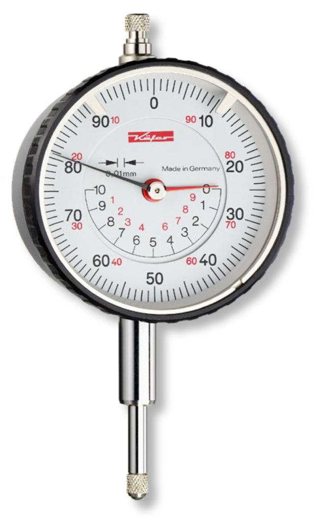 Messuhren DIN 878 im Etui Metallgehäuse, Außenring Polyamid mit 2 konzentrischen Zeigern 10/0,01mm  Ø58mm, M 2 TK