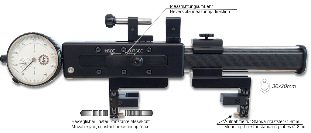 Universal comparative measuring instruments in box MINI PLATON CARBON for inside and outside measurements 32-500mm / 0-470mm