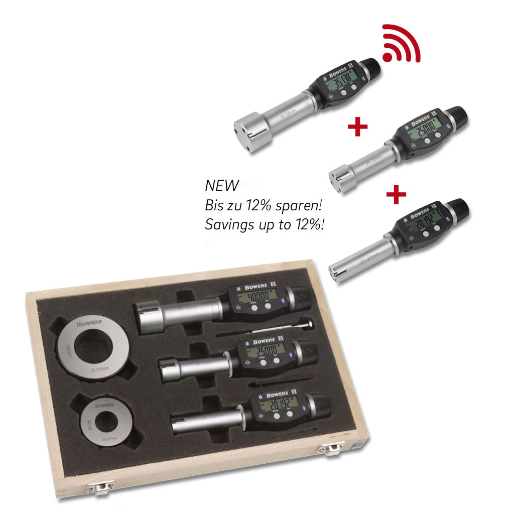 Digital internal micrometer sets, 3-point XTD-MULTI in box incl. 3x readout units, setting rings and UKAS calibration 20-50/0,001/66/80mm Bluetooth