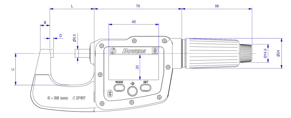 Digital-Bügelmessschrauben DigiMic im Etui HM-Messflächen Ø 6,5mm, UKAS-Kalibrierschein, Einstellmaß 50-75/0,001mm Bluetooth, IP67, DM075