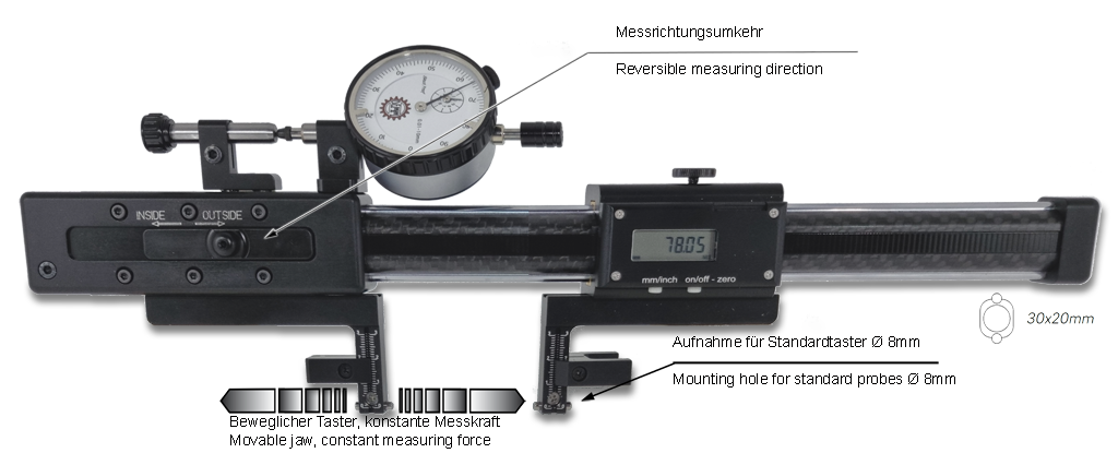 Digital universal comparative measuring instruments in box MINI DIGI PLATON CARBON for inside and outside measurements 32-500mm / 0-470mm, 00687